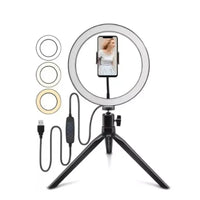 KIT LUZ RING LIGHT 8 POL + TRIPÉ DE MESA + SUPORTE PARA CELULAR