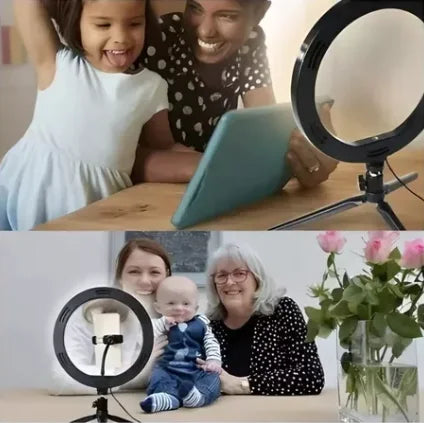 KIT LUZ RING LIGHT 8 POL + TRIPÉ DE MESA + SUPORTE PARA CELULAR